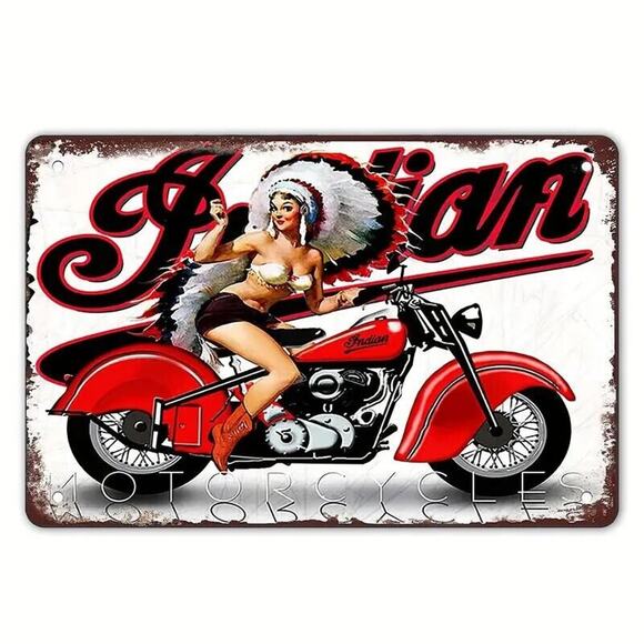 Metal Tin Sign • Pinup Girl in Chief’s Headdress Riding Indian Chief Motorcycle - Picture 3 of 10